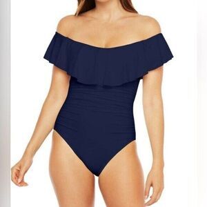 NWT La Blanca Women's Navy Off Shoulder Ruffled One Piece Swimsuit Size 4